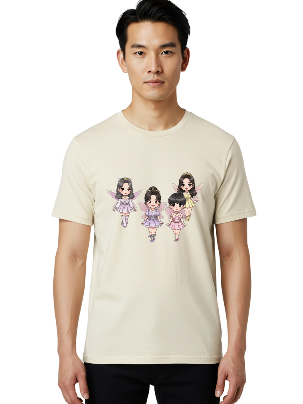 Four-Kawaii-Girls Men'S Graphic Tee, 100% Cotton, Comfortable Casual Summer Wear, Machine Washable, Cute Cartoon Characters, Fairy Illustrations, Pastel Colors, Whimsical Designs, Anime-Inspired Art, Delicate Wings, Princess Tiaras, Bab914