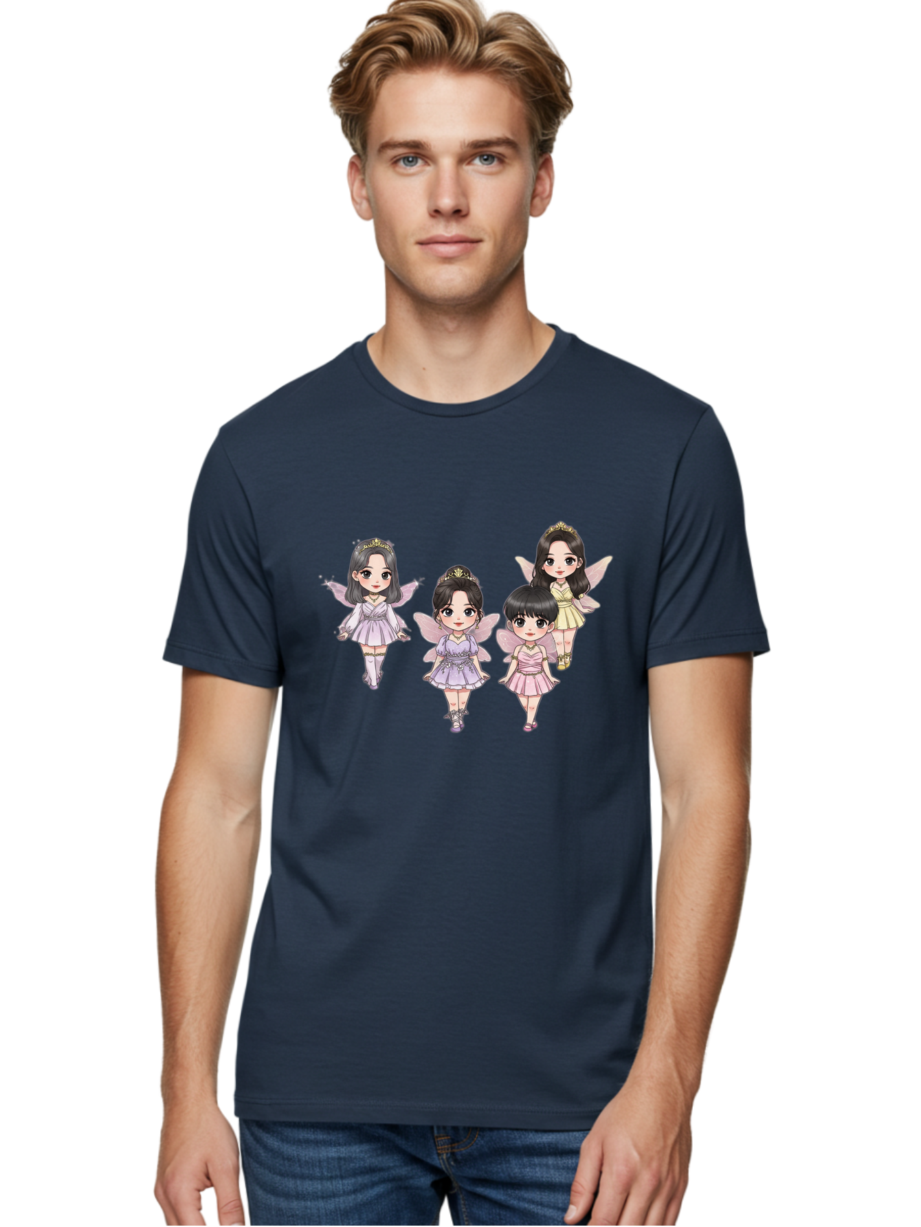 Four-Kawaii-Girls Men'S Graphic Tee, 100% Cotton, Comfortable Casual Summer Wear, Machine Washable, Cute Cartoon Characters, Fairy Illustrations, Pastel Colors, Whimsical Designs, Anime-Inspired Art, Delicate Wings, Princess Tiaras, Bab914