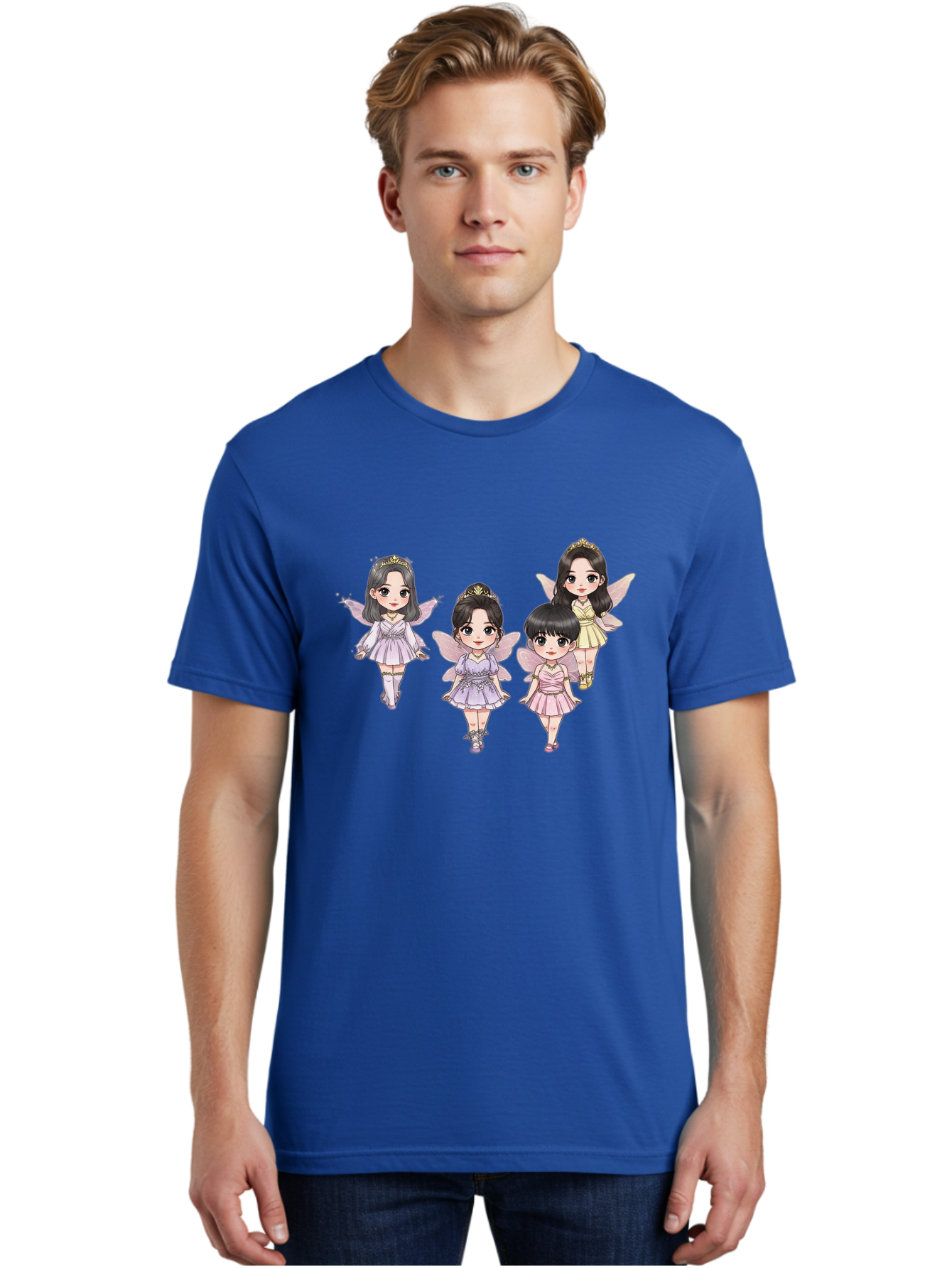 Four-Kawaii-Girls Men'S Graphic Tee, 100% Cotton, Comfortable Casual Summer Wear, Machine Washable, Cute Cartoon Characters, Fairy Illustrations, Pastel Colors, Whimsical Designs, Anime-Inspired Art, Delicate Wings, Princess Tiaras, Bab914