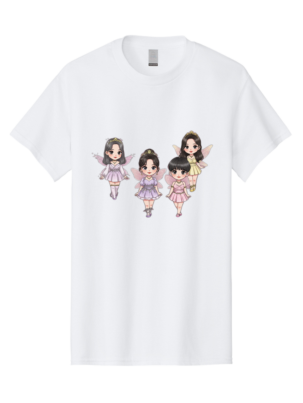 Four-Kawaii-Girls Men'S Graphic Tee, 100% Cotton, Comfortable Casual Summer Wear, Machine Washable, Cute Cartoon Characters, Fairy Illustrations, Pastel Colors, Whimsical Designs, Anime-Inspired Art, Delicate Wings, Princess Tiaras, Bab914