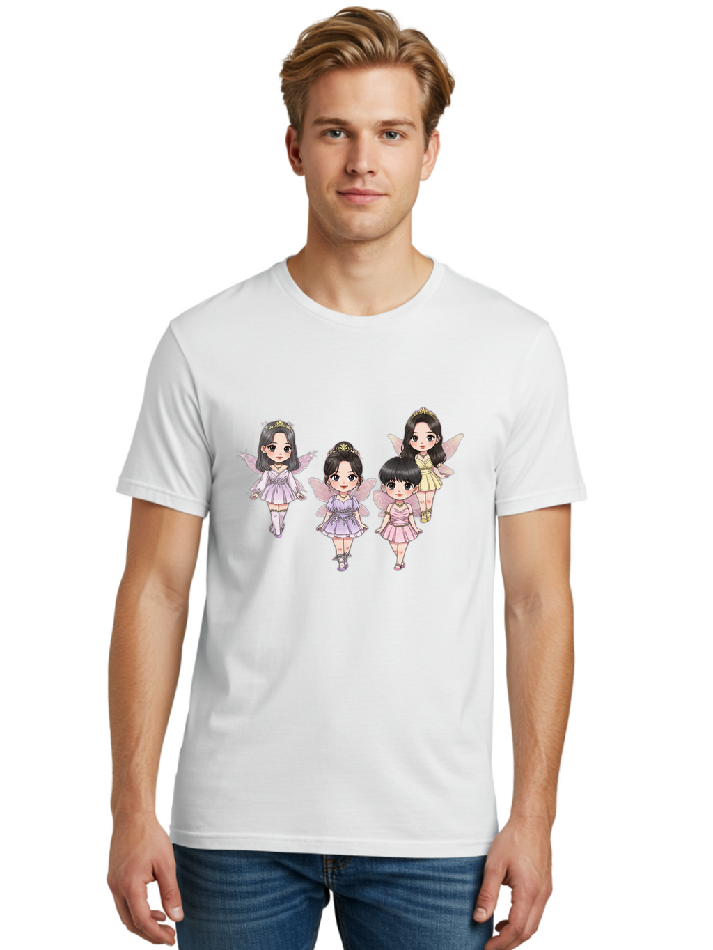 Four-Kawaii-Girls Men'S Graphic Tee, 100% Cotton, Comfortable Casual Summer Wear, Machine Washable, Cute Cartoon Characters, Fairy Illustrations, Pastel Colors, Whimsical Designs, Anime-Inspired Art, Delicate Wings, Princess Tiaras, Bab914