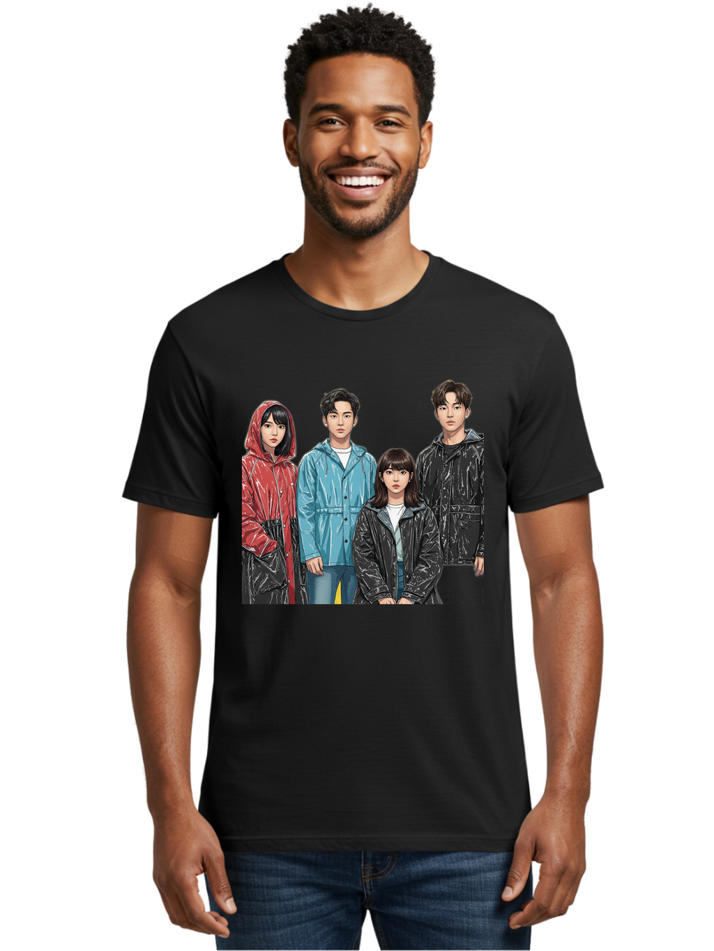 Four-People-In-Raincoats Men'S Graphic Tee, 100% Cotton, Comfortable Casual Summer Wear, Machine Washable, K-Pop Fashion, Raincoats, Youth Culture, Group Portrait, Black Hair, Stylish Clothing, Modern Teenagers, Trendy Outfits, Urban Style, Bab915