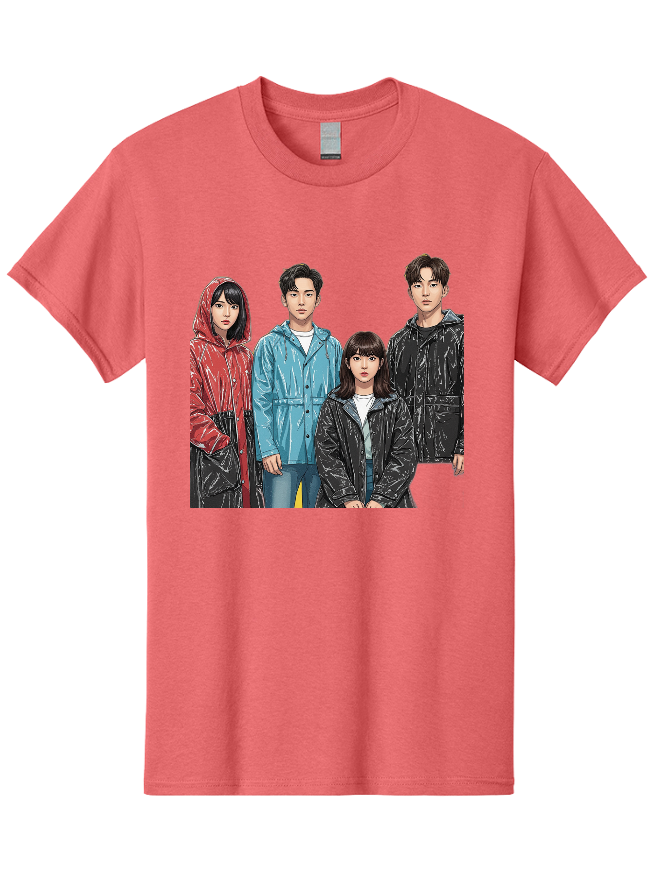 Four-People-In-Raincoats Men'S Graphic Tee, 100% Cotton, Comfortable Casual Summer Wear, Machine Washable, K-Pop Fashion, Raincoats, Youth Culture, Group Portrait, Black Hair, Stylish Clothing, Modern Teenagers, Trendy Outfits, Urban Style, Bab915