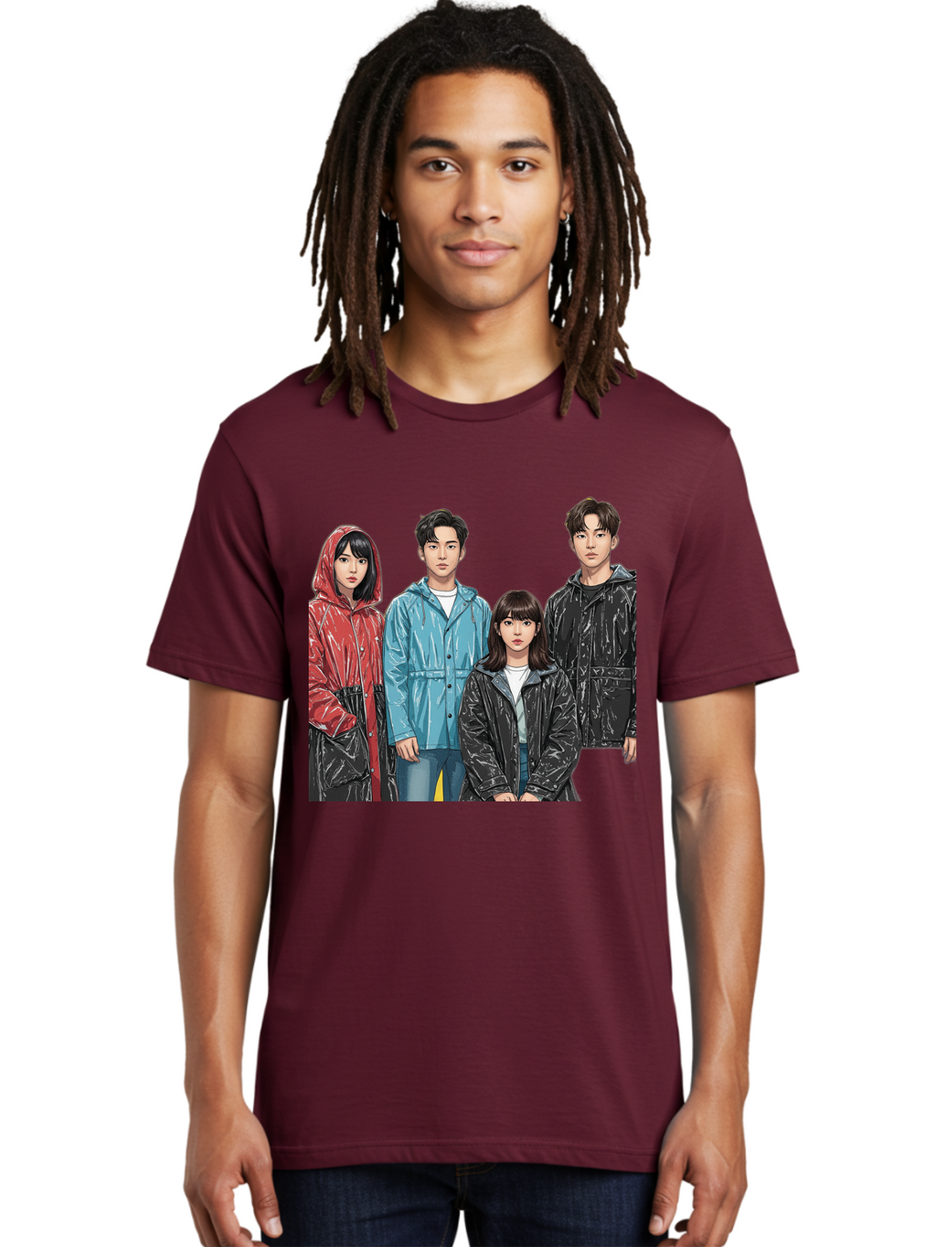 Four-People-In-Raincoats Men'S Graphic Tee, 100% Cotton, Comfortable Casual Summer Wear, Machine Washable, K-Pop Fashion, Raincoats, Youth Culture, Group Portrait, Black Hair, Stylish Clothing, Modern Teenagers, Trendy Outfits, Urban Style, Bab915