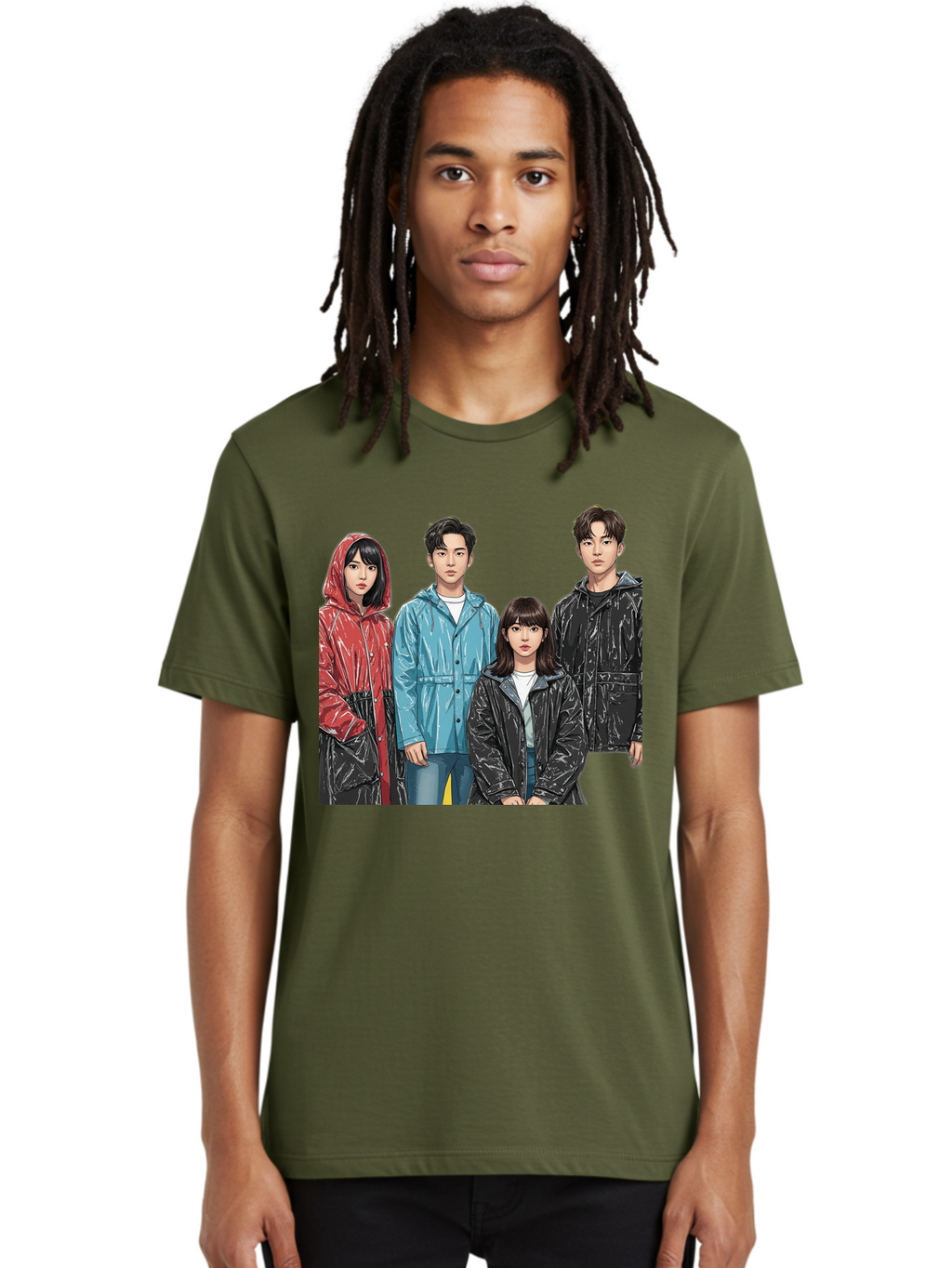 Four-People-In-Raincoats Men'S Graphic Tee, 100% Cotton, Comfortable Casual Summer Wear, Machine Washable, K-Pop Fashion, Raincoats, Youth Culture, Group Portrait, Black Hair, Stylish Clothing, Modern Teenagers, Trendy Outfits, Urban Style, Bab915