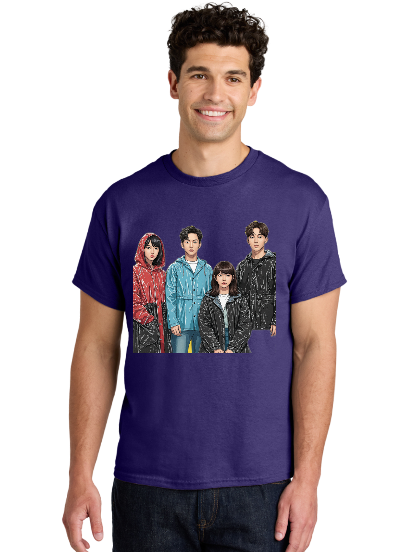 Four-People-In-Raincoats Men'S Graphic Tee, 100% Cotton, Comfortable Casual Summer Wear, Machine Washable, K-Pop Fashion, Raincoats, Youth Culture, Group Portrait, Black Hair, Stylish Clothing, Modern Teenagers, Trendy Outfits, Urban Style, Bab915
