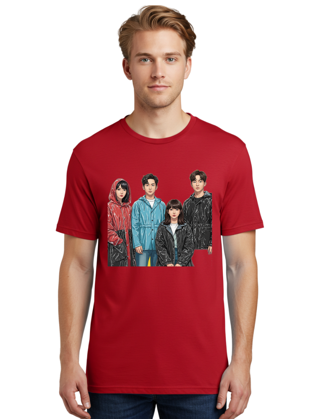 Four-People-In-Raincoats Men'S Graphic Tee, 100% Cotton, Comfortable Casual Summer Wear, Machine Washable, K-Pop Fashion, Raincoats, Youth Culture, Group Portrait, Black Hair, Stylish Clothing, Modern Teenagers, Trendy Outfits, Urban Style, Bab915