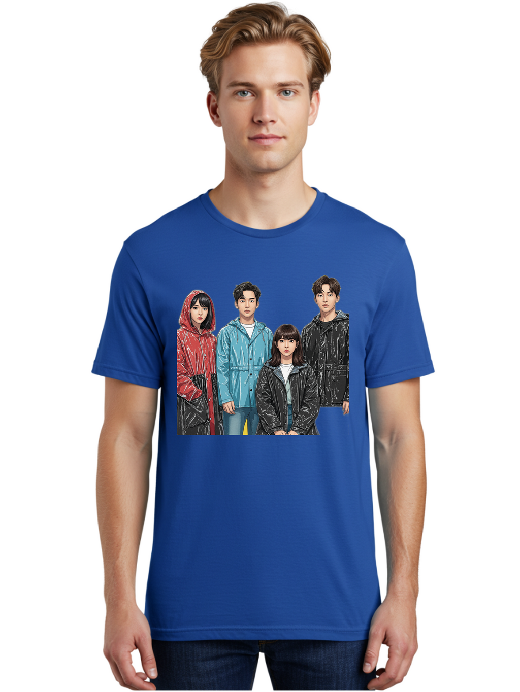 Four-People-In-Raincoats Men'S Graphic Tee, 100% Cotton, Comfortable Casual Summer Wear, Machine Washable, K-Pop Fashion, Raincoats, Youth Culture, Group Portrait, Black Hair, Stylish Clothing, Modern Teenagers, Trendy Outfits, Urban Style, Bab915