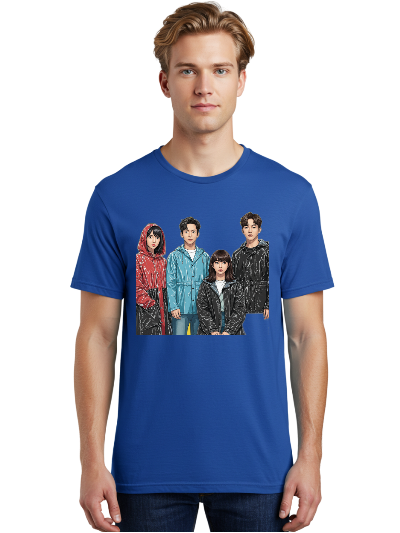 Four-People-In-Raincoats Men'S Graphic Tee, 100% Cotton, Comfortable Casual Summer Wear, Machine Washable, K-Pop Fashion, Raincoats, Youth Culture, Group Portrait, Black Hair, Stylish Clothing, Modern Teenagers, Trendy Outfits, Urban Style, Bab915