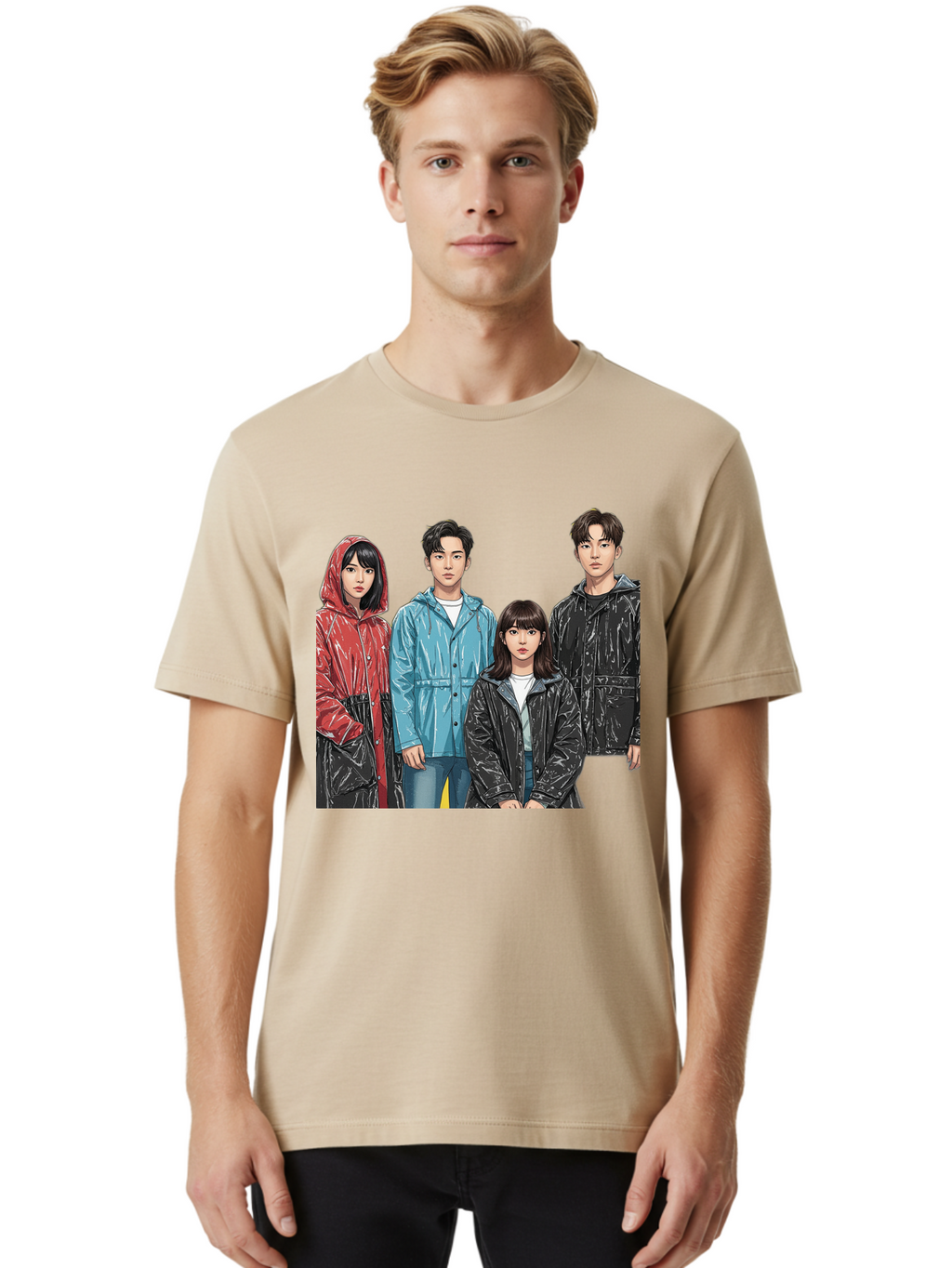 Four-People-In-Raincoats Men'S Graphic Tee, 100% Cotton, Comfortable Casual Summer Wear, Machine Washable, K-Pop Fashion, Raincoats, Youth Culture, Group Portrait, Black Hair, Stylish Clothing, Modern Teenagers, Trendy Outfits, Urban Style, Bab915
