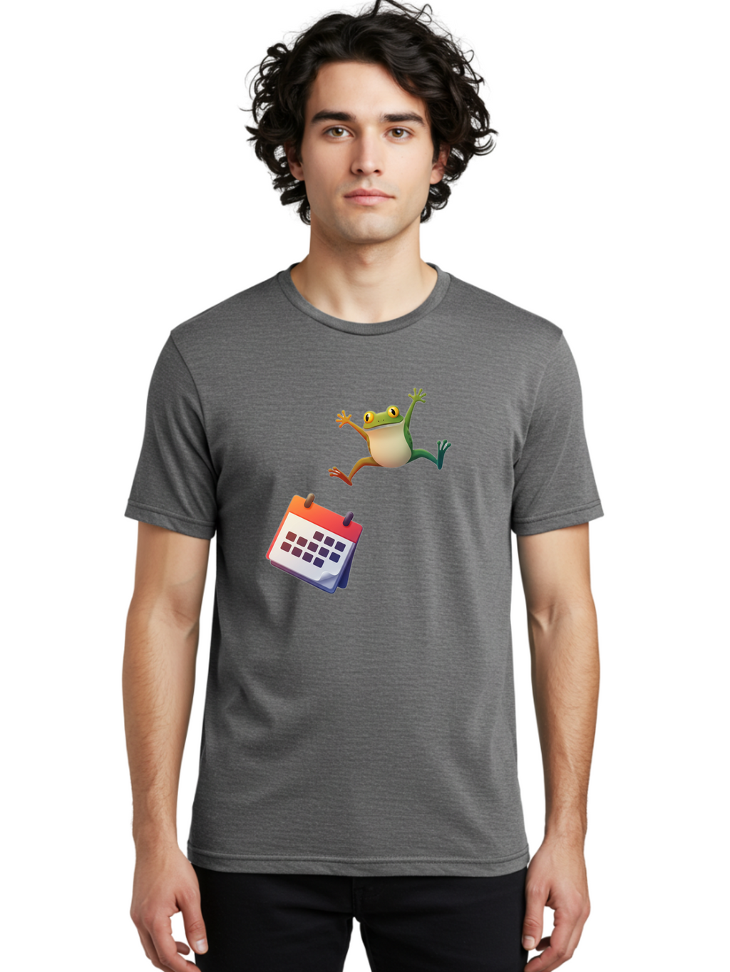 Frog-And-Calendar Men'S Graphic Tee, 100% Cotton, Comfortable Casual Summer Wear, Machine Washable, Cartoon Frog Jumping, Calendar With Blank Dates, Green Frog Character, Funny Amphibian, Calendar Design, Cartoon Style, Digital Illustration, Bab917