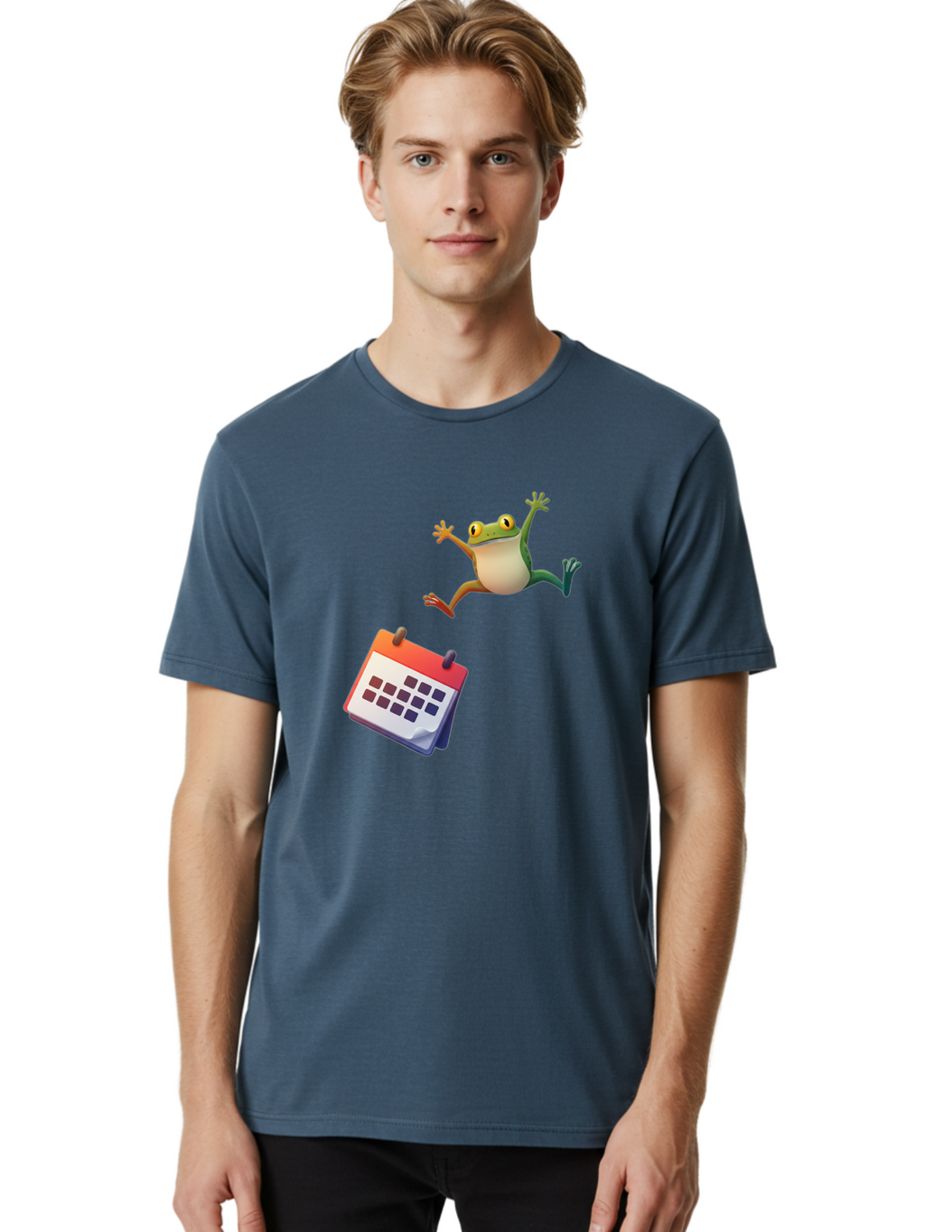 Frog-And-Calendar Men'S Graphic Tee, 100% Cotton, Comfortable Casual Summer Wear, Machine Washable, Cartoon Frog Jumping, Calendar With Blank Dates, Green Frog Character, Funny Amphibian, Calendar Design, Cartoon Style, Digital Illustration, Bab917