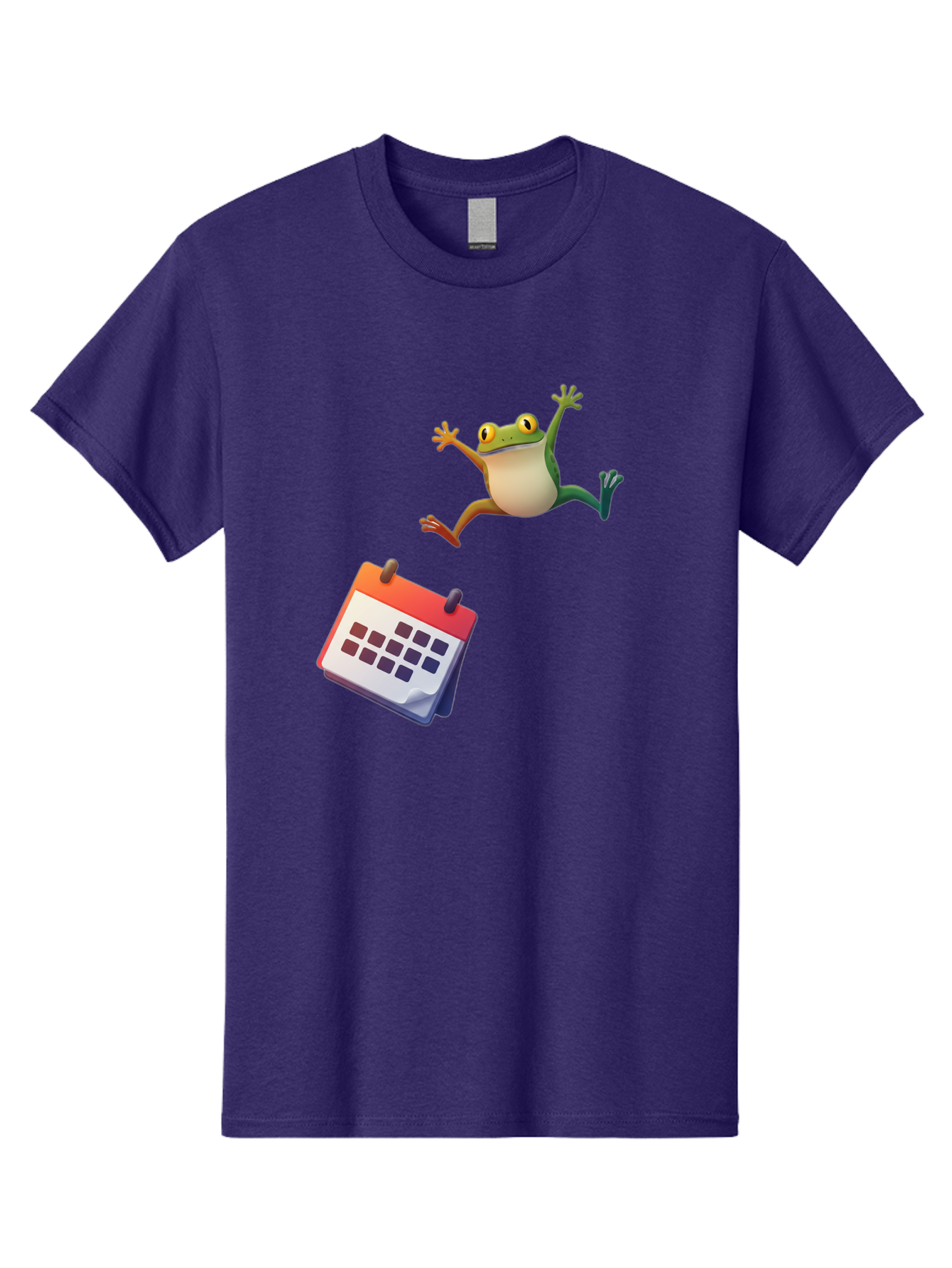 Frog-And-Calendar Men'S Graphic Tee, 100% Cotton, Comfortable Casual Summer Wear, Machine Washable, Cartoon Frog Jumping, Calendar With Blank Dates, Green Frog Character, Funny Amphibian, Calendar Design, Cartoon Style, Digital Illustration, Bab917