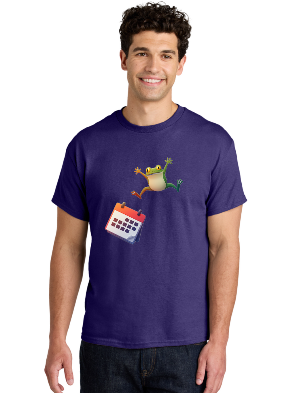 Frog-And-Calendar Men'S Graphic Tee, 100% Cotton, Comfortable Casual Summer Wear, Machine Washable, Cartoon Frog Jumping, Calendar With Blank Dates, Green Frog Character, Funny Amphibian, Calendar Design, Cartoon Style, Digital Illustration, Bab917