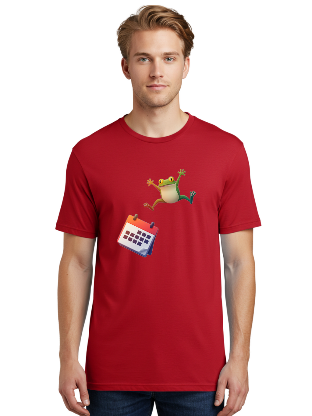 Frog-And-Calendar Men'S Graphic Tee, 100% Cotton, Comfortable Casual Summer Wear, Machine Washable, Cartoon Frog Jumping, Calendar With Blank Dates, Green Frog Character, Funny Amphibian, Calendar Design, Cartoon Style, Digital Illustration, Bab917