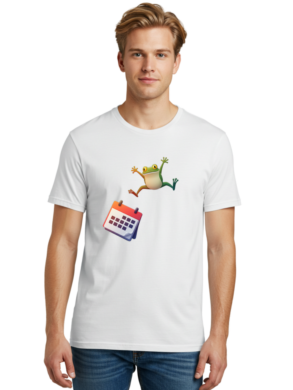 Frog-And-Calendar Men'S Graphic Tee, 100% Cotton, Comfortable Casual Summer Wear, Machine Washable, Cartoon Frog Jumping, Calendar With Blank Dates, Green Frog Character, Funny Amphibian, Calendar Design, Cartoon Style, Digital Illustration, Bab917