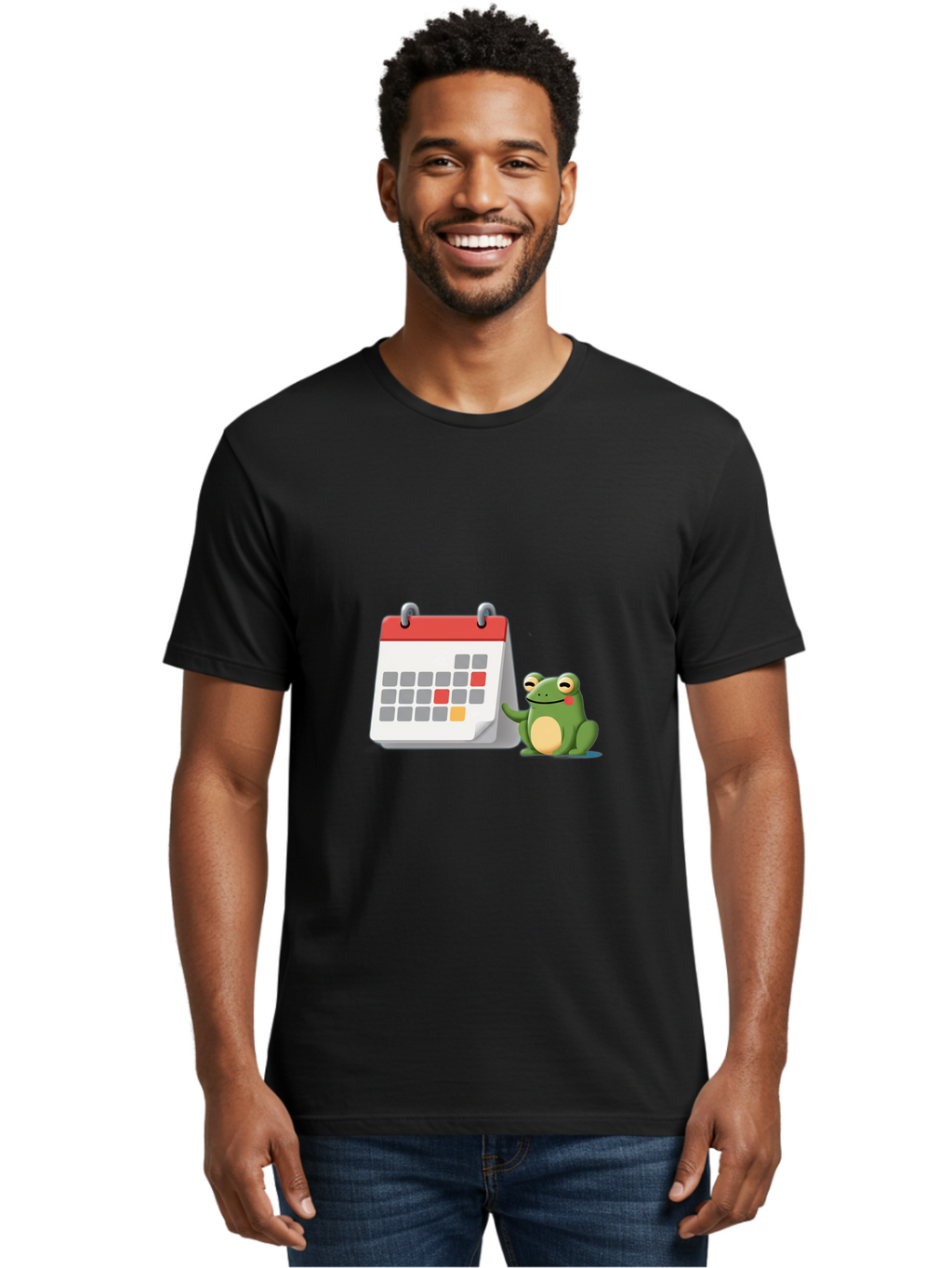 Frog-Calendar-1 Men'S Graphic Tee, 100% Cotton, Comfortable Casual Summer Wear, Machine Washable, Calendar With Frog, Scheduling, Planning, Organization, Time Management, Cartoon Character, Green Frog, Red Top Calendar, Gray Red Orange Dates, Bab918