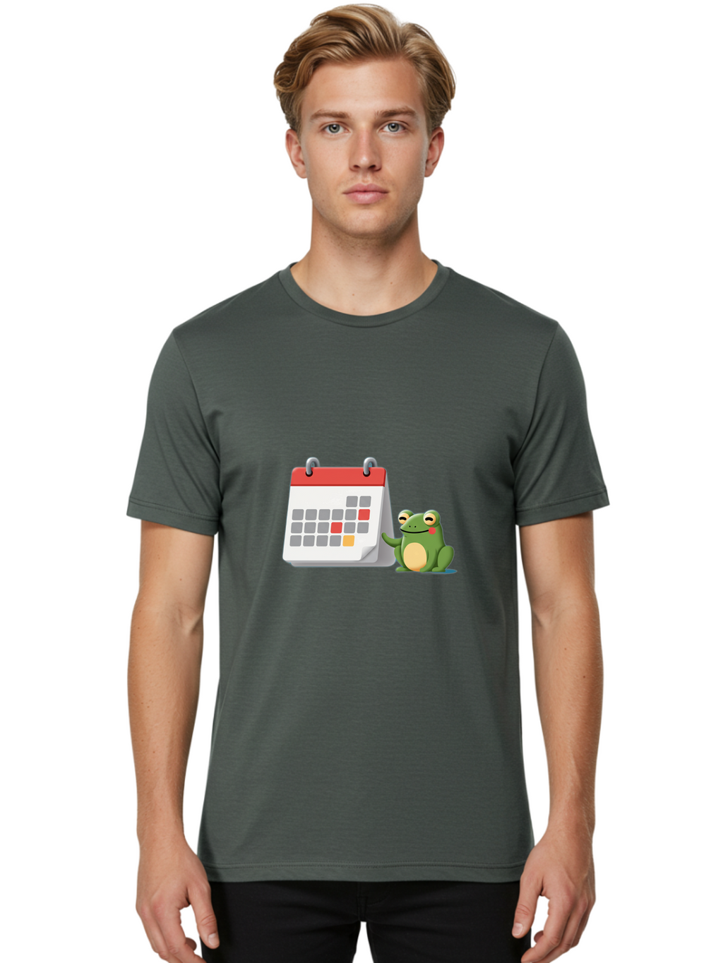 Frog-Calendar-1 Men'S Graphic Tee, 100% Cotton, Comfortable Casual Summer Wear, Machine Washable, Calendar With Frog, Scheduling, Planning, Organization, Time Management, Cartoon Character, Green Frog, Red Top Calendar, Gray Red Orange Dates, Bab918