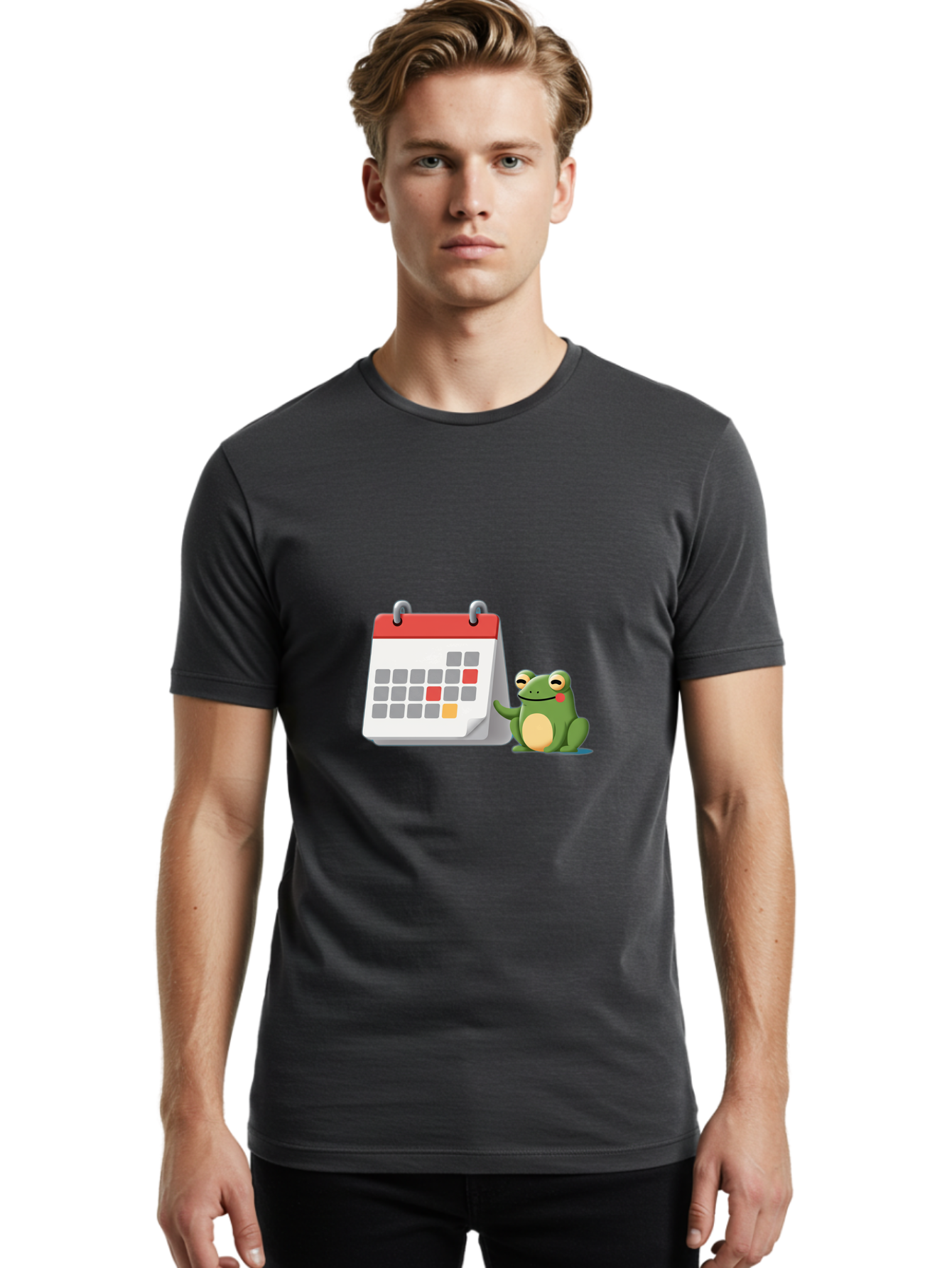 Frog-Calendar-1 Men'S Graphic Tee, 100% Cotton, Comfortable Casual Summer Wear, Machine Washable, Calendar With Frog, Scheduling, Planning, Organization, Time Management, Cartoon Character, Green Frog, Red Top Calendar, Gray Red Orange Dates, Bab918