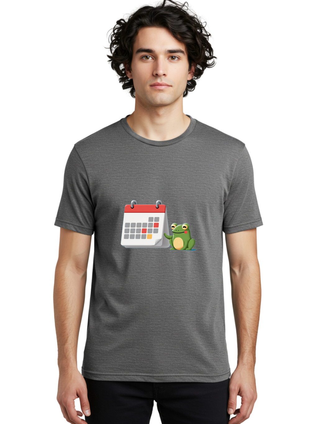 Frog-Calendar-1 Men'S Graphic Tee, 100% Cotton, Comfortable Casual Summer Wear, Machine Washable, Calendar With Frog, Scheduling, Planning, Organization, Time Management, Cartoon Character, Green Frog, Red Top Calendar, Gray Red Orange Dates, Bab918