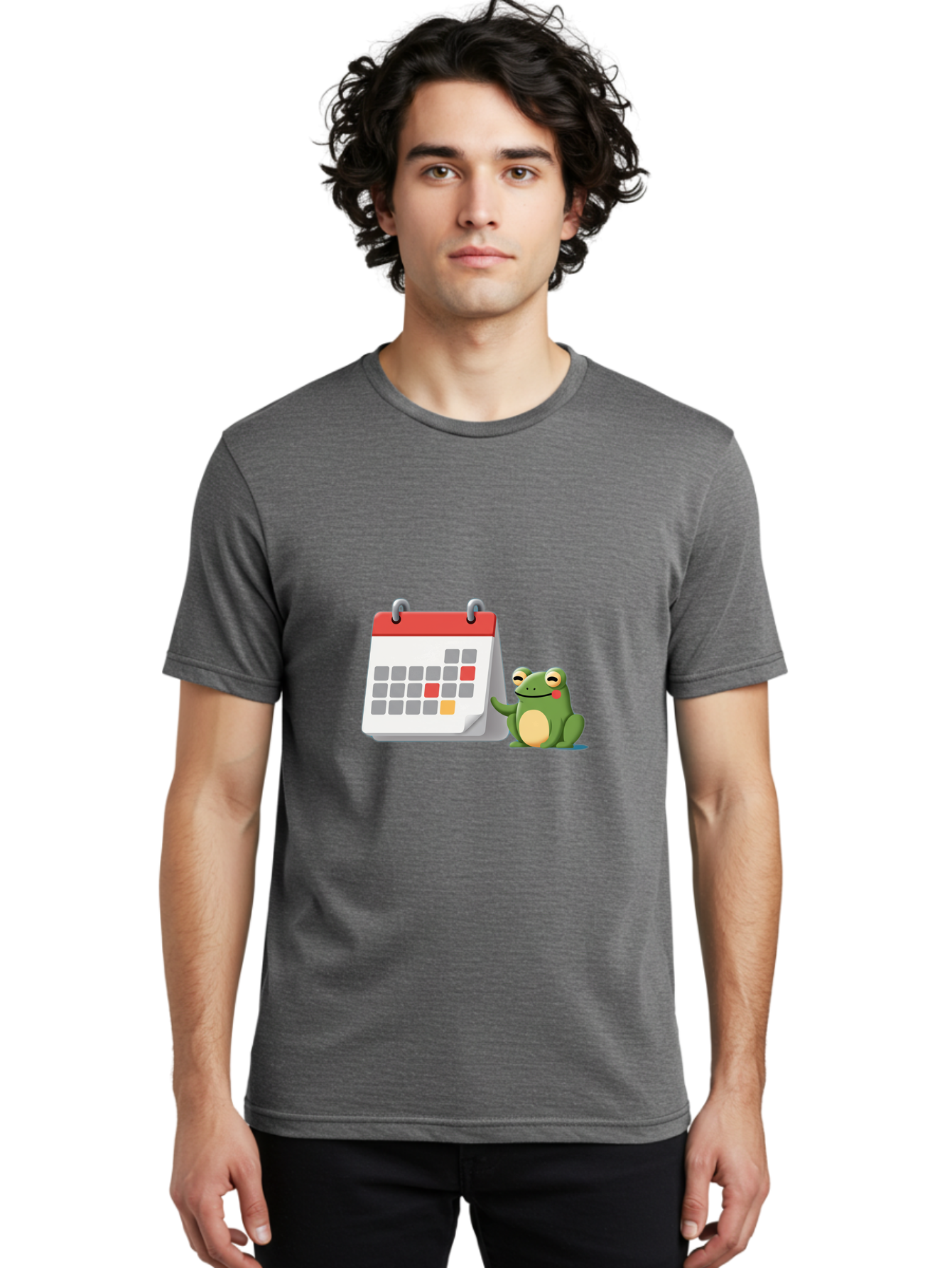 Frog-Calendar-1 Men'S Graphic Tee, 100% Cotton, Comfortable Casual Summer Wear, Machine Washable, Calendar With Frog, Scheduling, Planning, Organization, Time Management, Cartoon Character, Green Frog, Red Top Calendar, Gray Red Orange Dates, Bab918