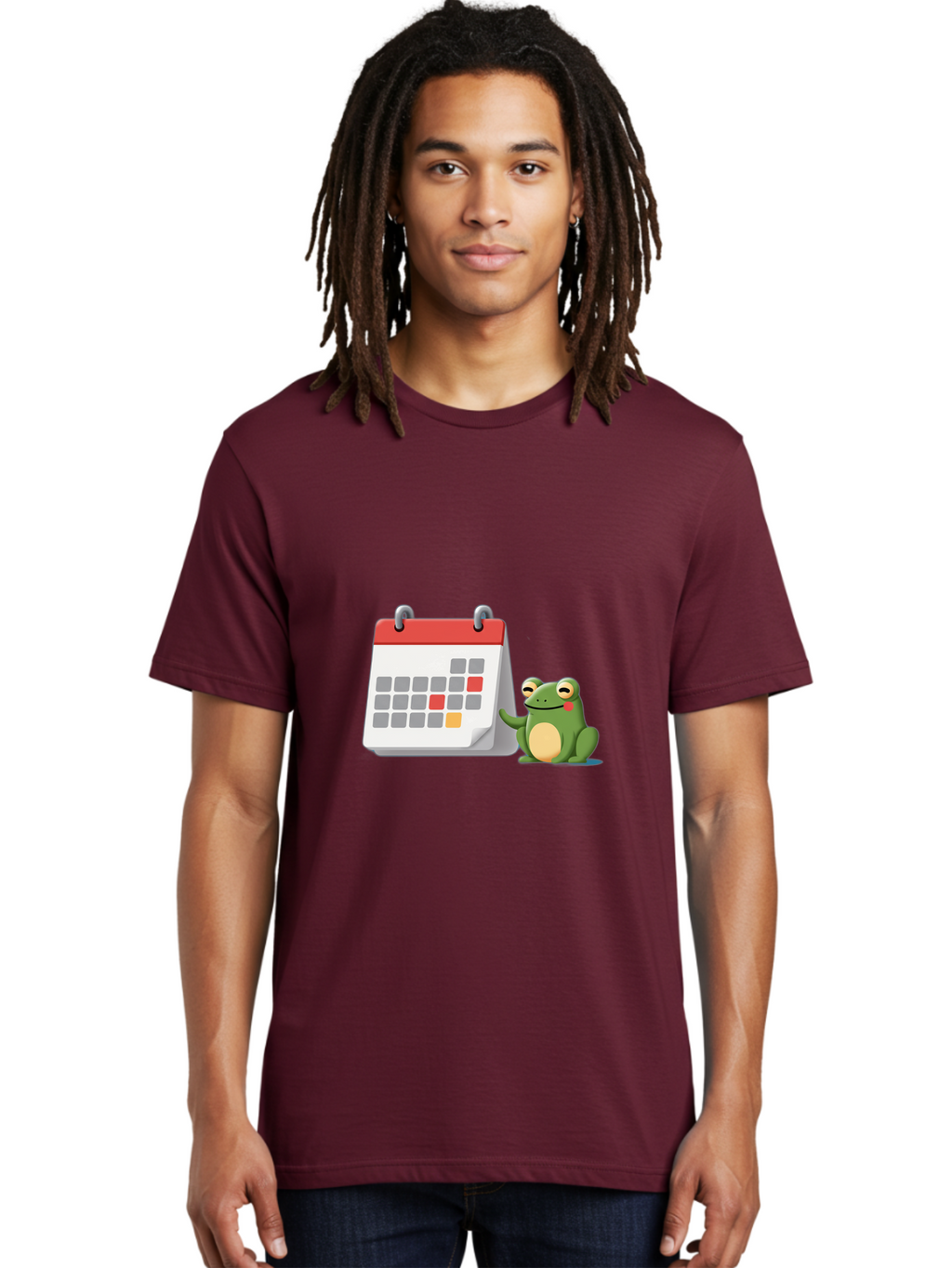 Frog-Calendar-1 Men'S Graphic Tee, 100% Cotton, Comfortable Casual Summer Wear, Machine Washable, Calendar With Frog, Scheduling, Planning, Organization, Time Management, Cartoon Character, Green Frog, Red Top Calendar, Gray Red Orange Dates, Bab918