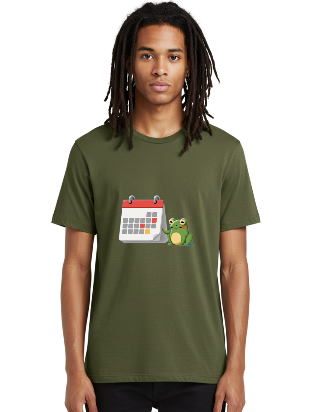 Frog-Calendar-1 Men'S Graphic Tee, 100% Cotton, Comfortable Casual Summer Wear, Machine Washable, Calendar With Frog, Scheduling, Planning, Organization, Time Management, Cartoon Character, Green Frog, Red Top Calendar, Gray Red Orange Dates, Bab918
