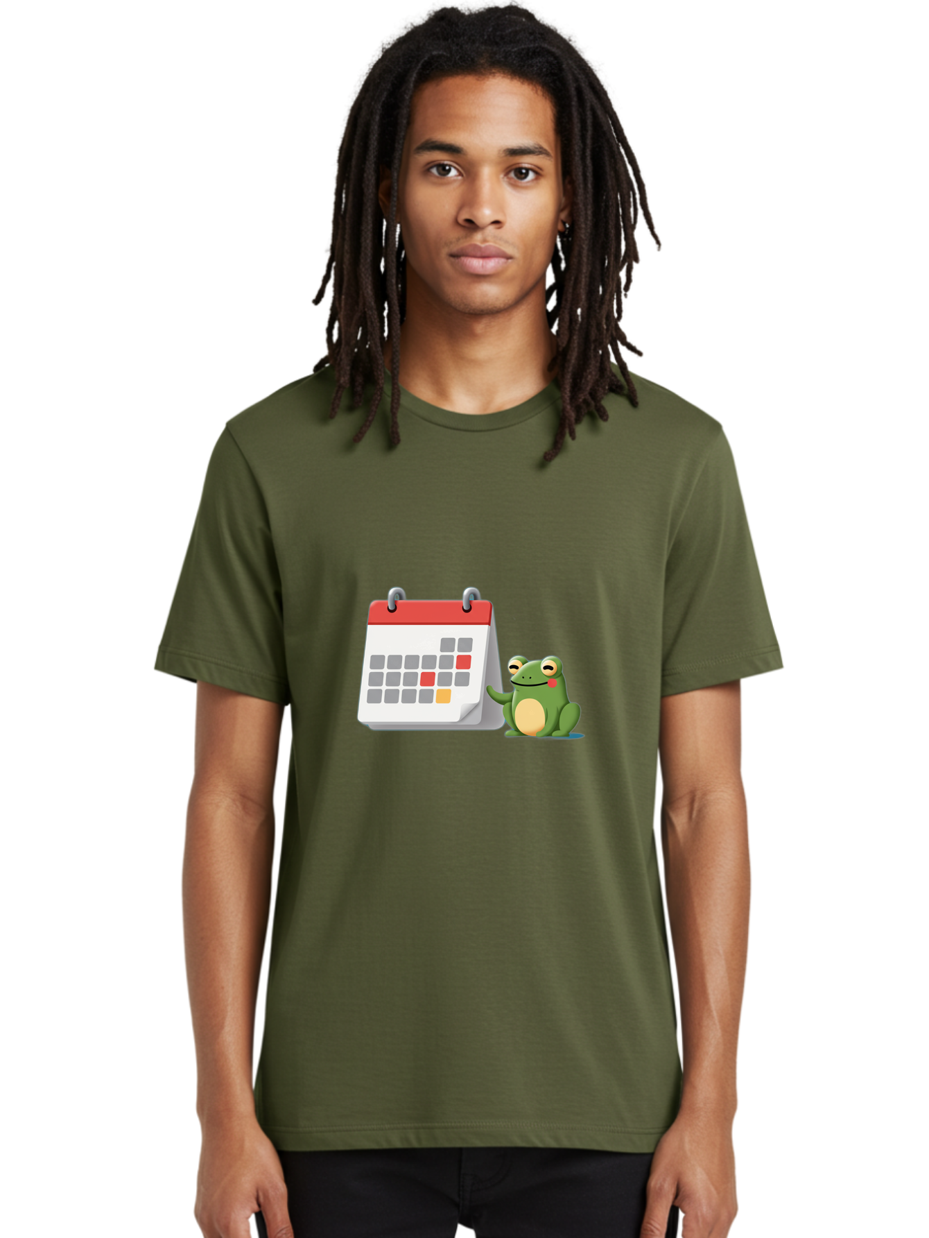 Frog-Calendar-1 Men'S Graphic Tee, 100% Cotton, Comfortable Casual Summer Wear, Machine Washable, Calendar With Frog, Scheduling, Planning, Organization, Time Management, Cartoon Character, Green Frog, Red Top Calendar, Gray Red Orange Dates, Bab918