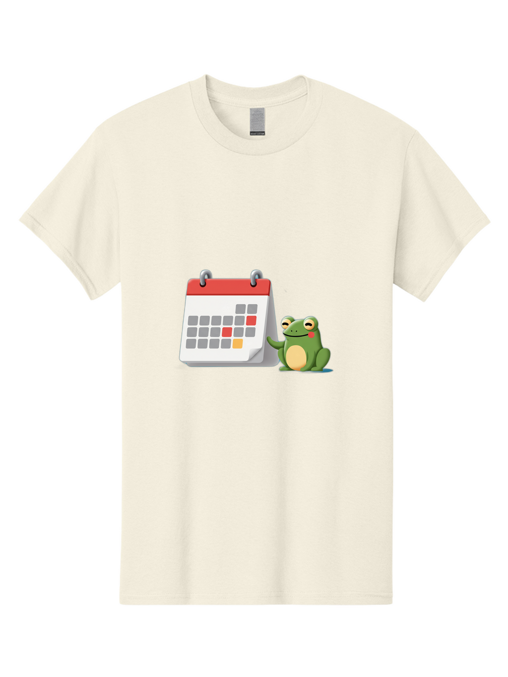 Frog-Calendar-1 Men'S Graphic Tee, 100% Cotton, Comfortable Casual Summer Wear, Machine Washable, Calendar With Frog, Scheduling, Planning, Organization, Time Management, Cartoon Character, Green Frog, Red Top Calendar, Gray Red Orange Dates, Bab918