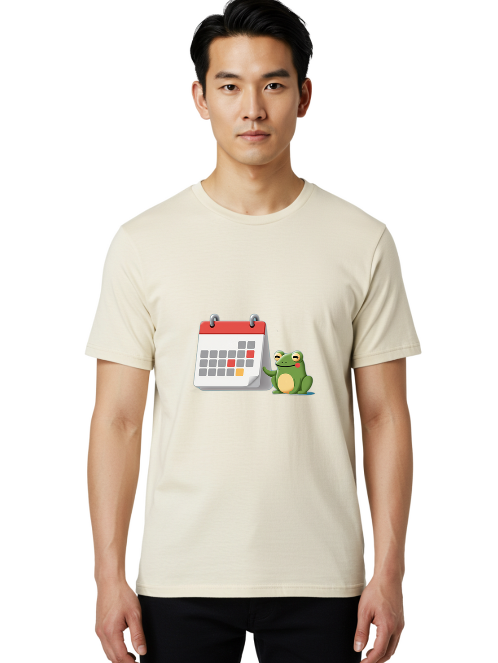 Frog-Calendar-1 Men'S Graphic Tee, 100% Cotton, Comfortable Casual Summer Wear, Machine Washable, Calendar With Frog, Scheduling, Planning, Organization, Time Management, Cartoon Character, Green Frog, Red Top Calendar, Gray Red Orange Dates, Bab918