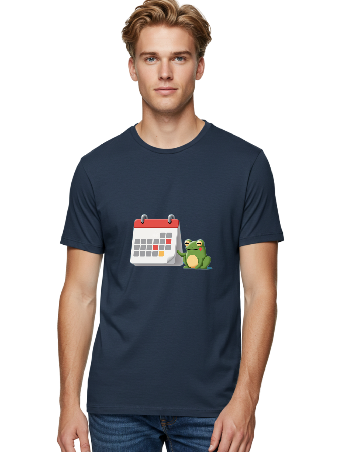 Frog-Calendar-1 Men'S Graphic Tee, 100% Cotton, Comfortable Casual Summer Wear, Machine Washable, Calendar With Frog, Scheduling, Planning, Organization, Time Management, Cartoon Character, Green Frog, Red Top Calendar, Gray Red Orange Dates, Bab918