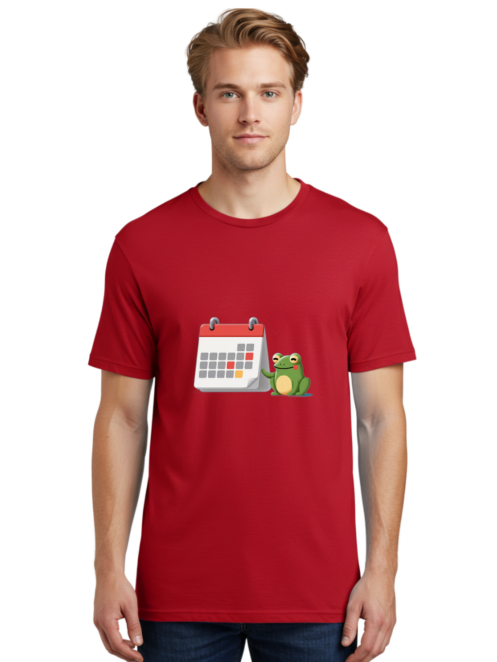 Frog-Calendar-1 Men'S Graphic Tee, 100% Cotton, Comfortable Casual Summer Wear, Machine Washable, Calendar With Frog, Scheduling, Planning, Organization, Time Management, Cartoon Character, Green Frog, Red Top Calendar, Gray Red Orange Dates, Bab918