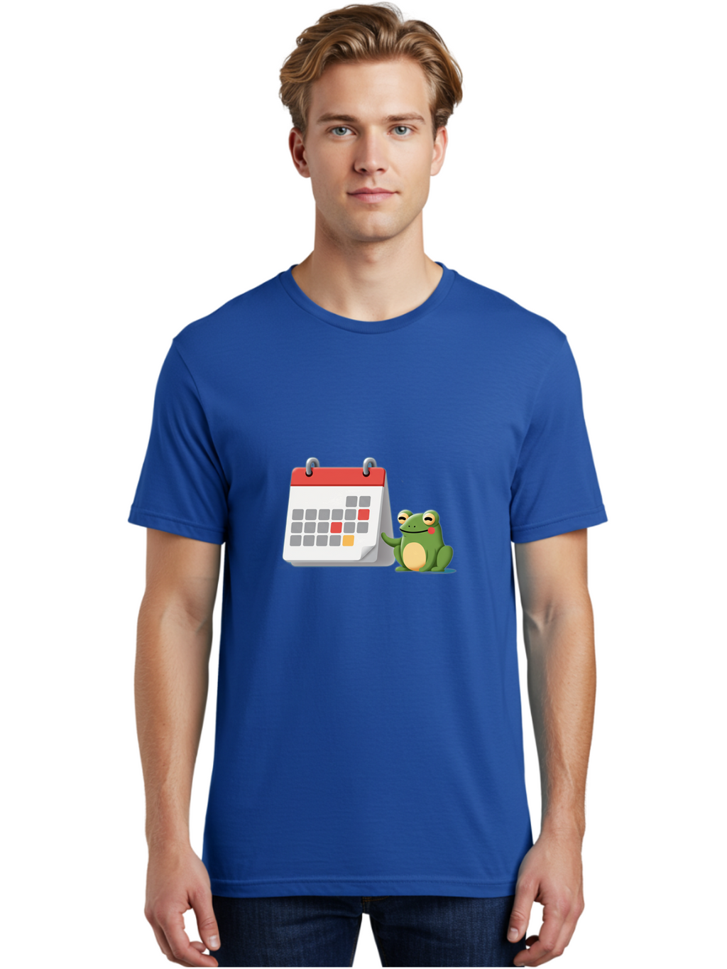 Frog-Calendar-1 Men'S Graphic Tee, 100% Cotton, Comfortable Casual Summer Wear, Machine Washable, Calendar With Frog, Scheduling, Planning, Organization, Time Management, Cartoon Character, Green Frog, Red Top Calendar, Gray Red Orange Dates, Bab918