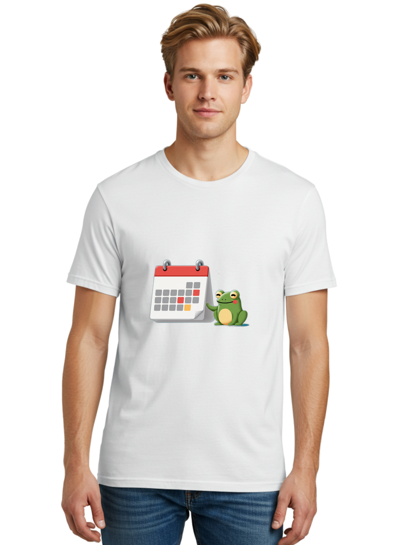 Frog-Calendar-1 Men'S Graphic Tee, 100% Cotton, Comfortable Casual Summer Wear, Machine Washable, Calendar With Frog, Scheduling, Planning, Organization, Time Management, Cartoon Character, Green Frog, Red Top Calendar, Gray Red Orange Dates, Bab918
