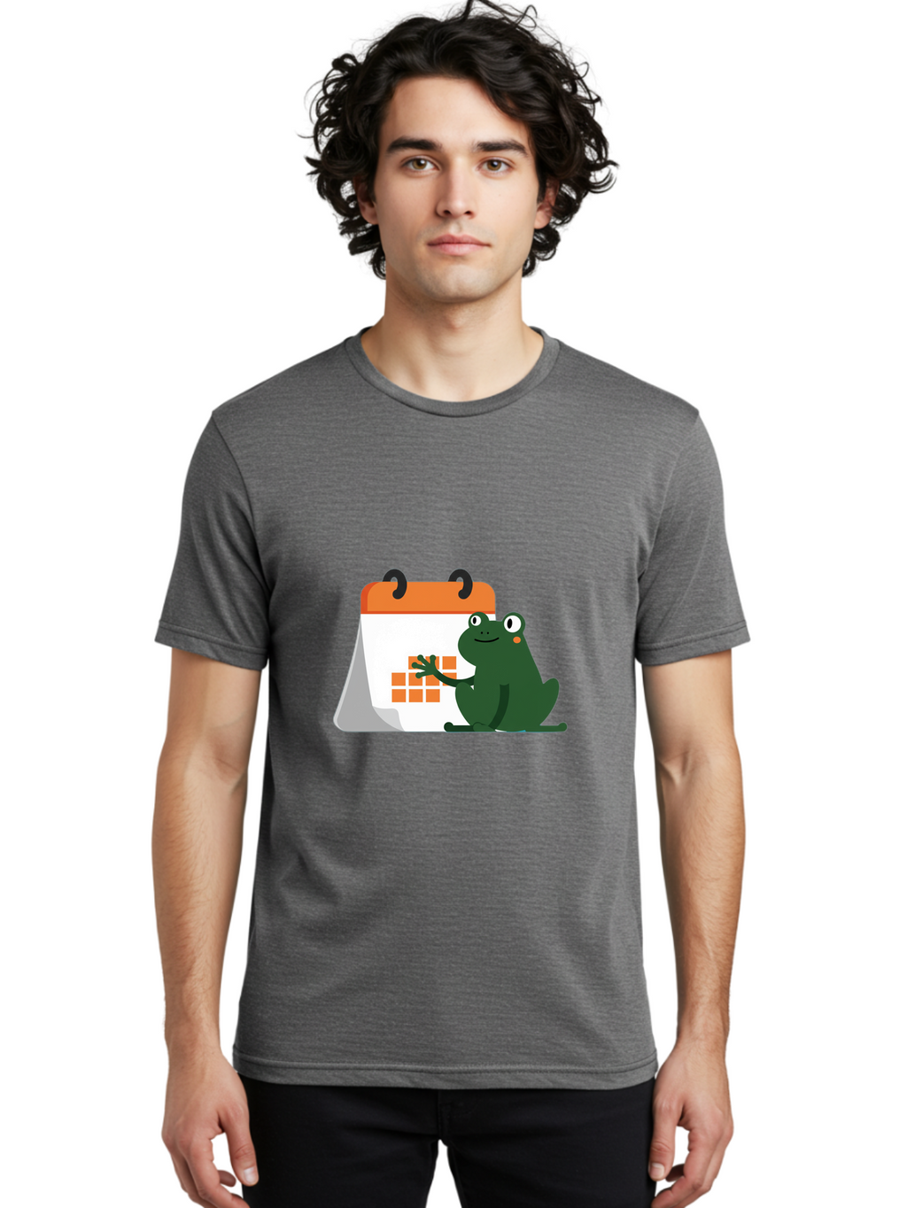 Frog-Calendar Men'S Graphic Tee, 100% Cotton, Comfortable Casual Summer Wear, Machine Washable, Green Cartoon Frog, Calendar Icon, Orange Grid, Scheduling, Planning, Organization, Task Management, Digital Calendar, To-Do List, Bab919