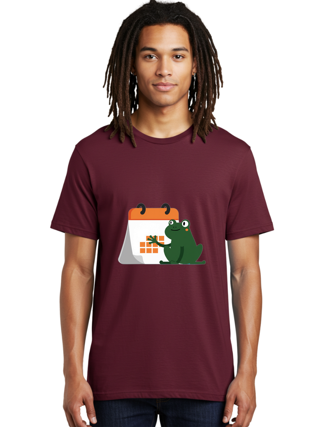 Frog-Calendar Men'S Graphic Tee, 100% Cotton, Comfortable Casual Summer Wear, Machine Washable, Green Cartoon Frog, Calendar Icon, Orange Grid, Scheduling, Planning, Organization, Task Management, Digital Calendar, To-Do List, Bab919