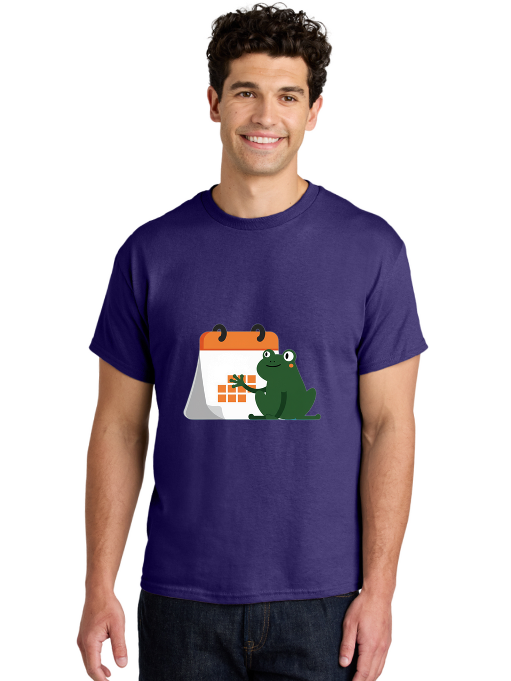 Frog-Calendar Men'S Graphic Tee, 100% Cotton, Comfortable Casual Summer Wear, Machine Washable, Green Cartoon Frog, Calendar Icon, Orange Grid, Scheduling, Planning, Organization, Task Management, Digital Calendar, To-Do List, Bab919