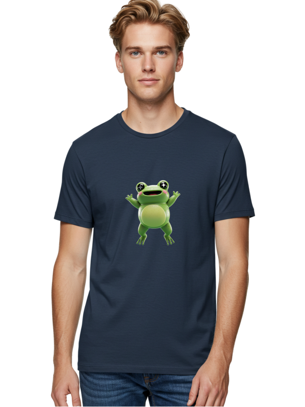 Frog-Character Men'S Graphic Tee, 100% Cotton, Comfortable Casual Summer Wear, Machine Washable, Cartoon Frog, Green Frog, Happy Expression, Shiny Eyes, Raised Hands, Playful Gesture, Animated Character, Fun Design, Cute Illustration, Bab920
