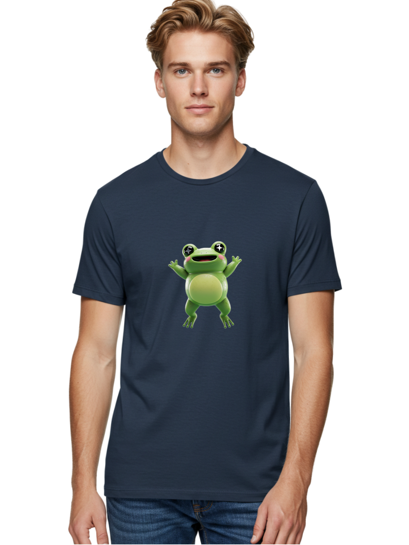 Frog-Character Men'S Graphic Tee, 100% Cotton, Comfortable Casual Summer Wear, Machine Washable, Cartoon Frog, Green Frog, Happy Expression, Shiny Eyes, Raised Hands, Playful Gesture, Animated Character, Fun Design, Cute Illustration, Bab920