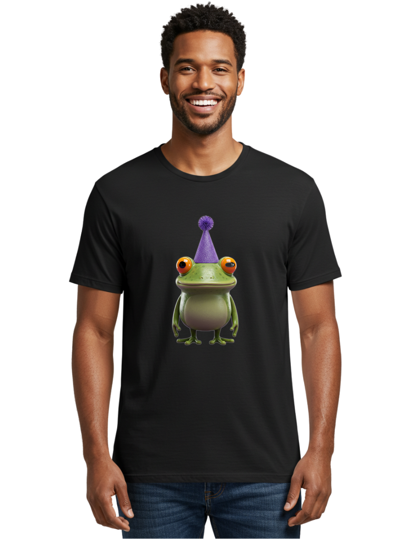 Frog-In-Party-Hat-1 Men'S Graphic Tee, 100% Cotton, Comfortable Casual Summer Wear, Machine Washable, Funny Cartoon Frog, Party Hat, Celebration, Purple Hat, Orange Eyes, Playful Character, Cute Amphibian, Festive Mood, Humorous Illustration Bab921