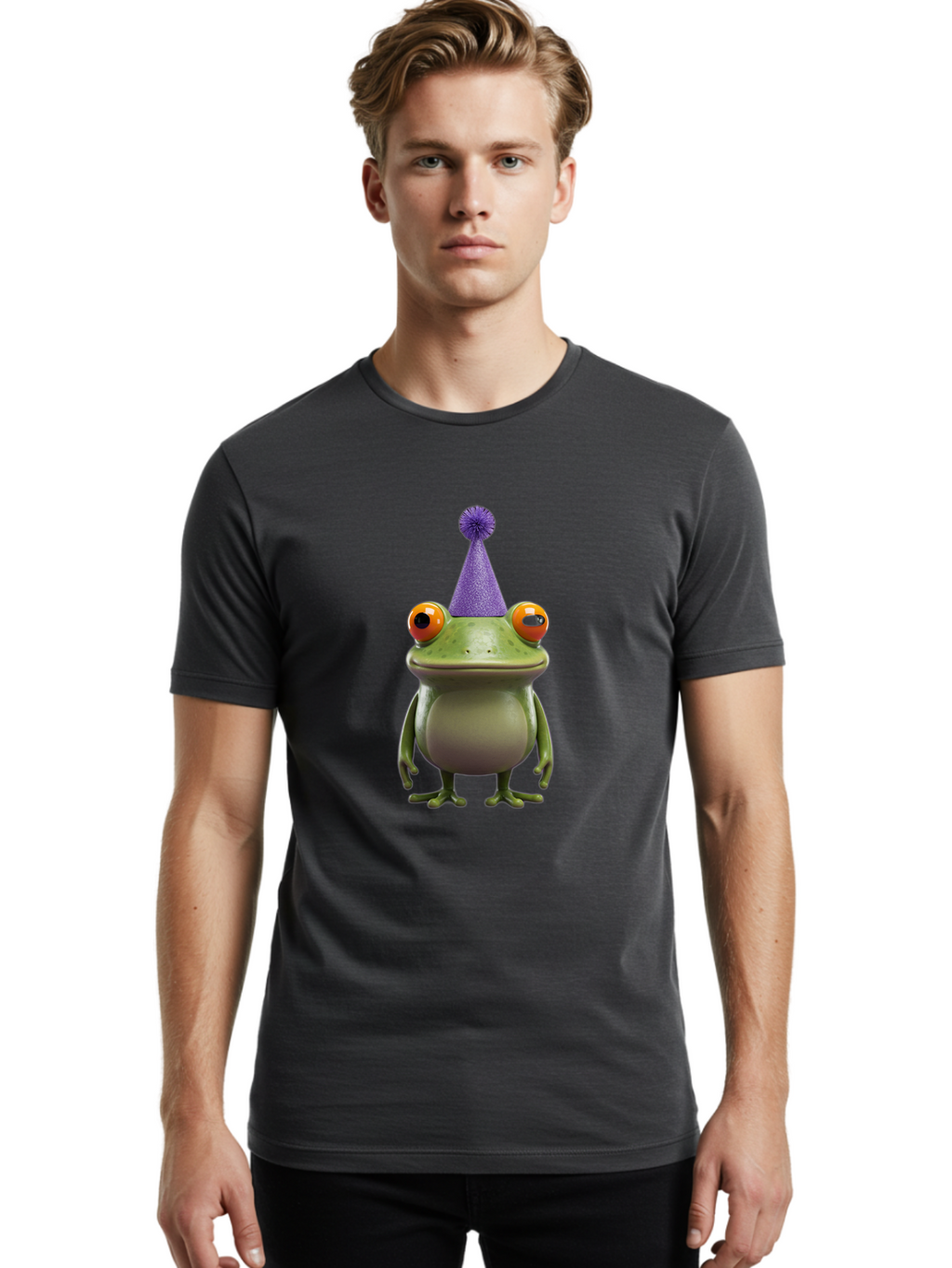 Frog-In-Party-Hat-1 Men'S Graphic Tee, 100% Cotton, Comfortable Casual Summer Wear, Machine Washable, Funny Cartoon Frog, Party Hat, Celebration, Purple Hat, Orange Eyes, Playful Character, Cute Amphibian, Festive Mood, Humorous Illustration Bab921