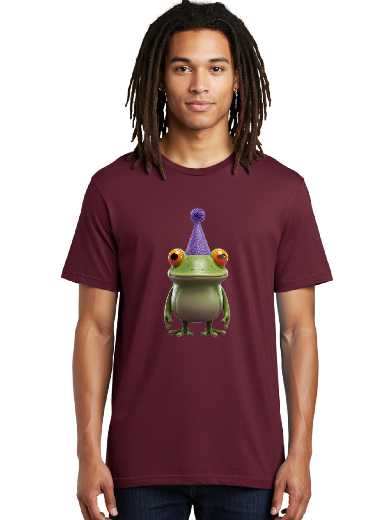Frog-In-Party-Hat-1 Men'S Graphic Tee, 100% Cotton, Comfortable Casual Summer Wear, Machine Washable, Funny Cartoon Frog, Party Hat, Celebration, Purple Hat, Orange Eyes, Playful Character, Cute Amphibian, Festive Mood, Humorous Illustration Bab921