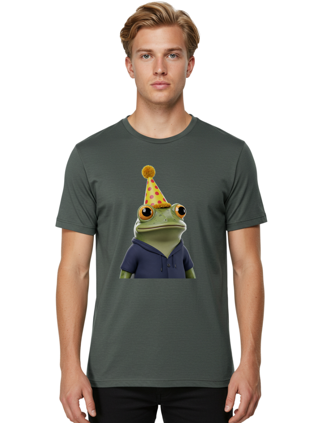 Frog-In-Party-Hat-2 Men'S Graphic Tee, 100% Cotton, Comfortable Casual Summer Wear, Machine Washable, Cartoon Frog, Party Hat, Red And Pink Polka Dots, Yellow Hat, Blue Hoodie, Casual Wear, Celebration, Festive Atmosphere, Funny Character, Bab922