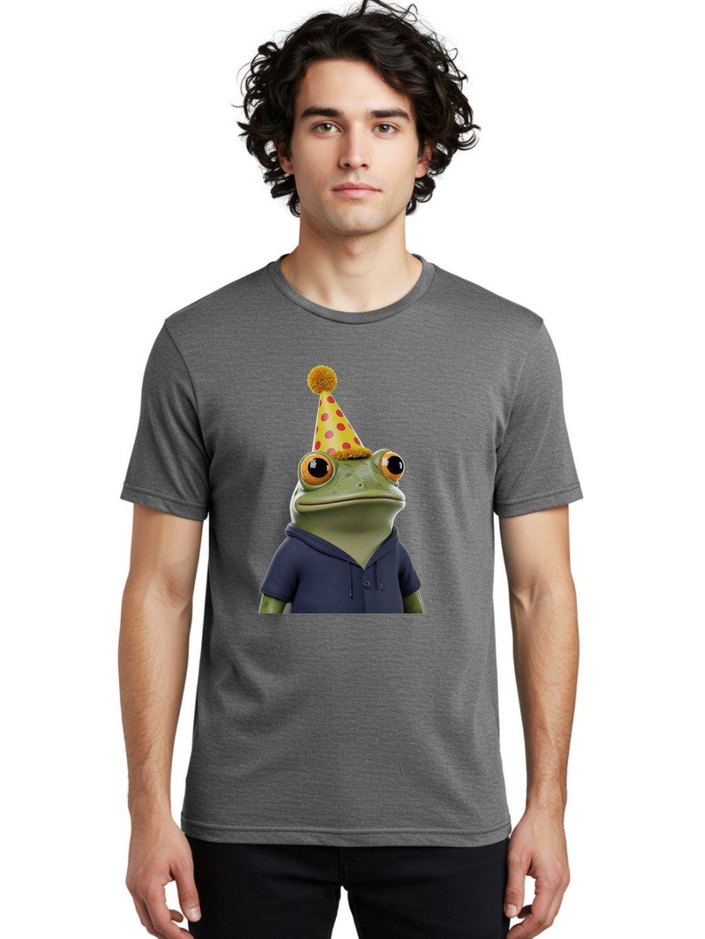 Frog-In-Party-Hat-2 Men'S Graphic Tee, 100% Cotton, Comfortable Casual Summer Wear, Machine Washable, Cartoon Frog, Party Hat, Red And Pink Polka Dots, Yellow Hat, Blue Hoodie, Casual Wear, Celebration, Festive Atmosphere, Funny Character, Bab922