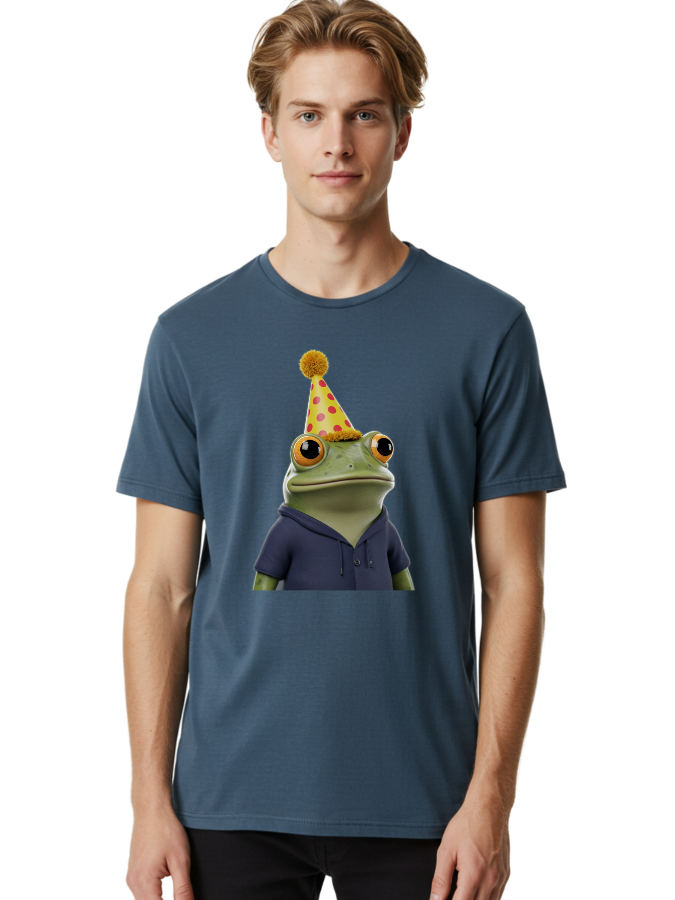 Frog-In-Party-Hat-2 Men'S Graphic Tee, 100% Cotton, Comfortable Casual Summer Wear, Machine Washable, Cartoon Frog, Party Hat, Red And Pink Polka Dots, Yellow Hat, Blue Hoodie, Casual Wear, Celebration, Festive Atmosphere, Funny Character, Bab922