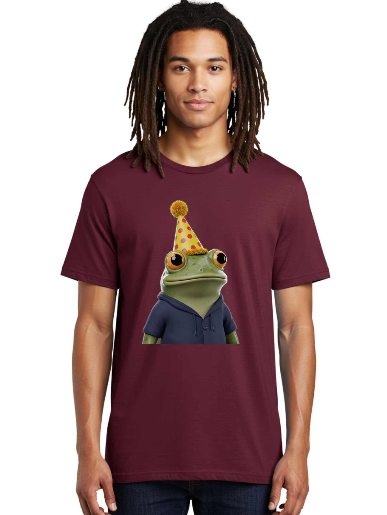 Frog-In-Party-Hat-2 Men'S Graphic Tee, 100% Cotton, Comfortable Casual Summer Wear, Machine Washable, Cartoon Frog, Party Hat, Red And Pink Polka Dots, Yellow Hat, Blue Hoodie, Casual Wear, Celebration, Festive Atmosphere, Funny Character, Bab922