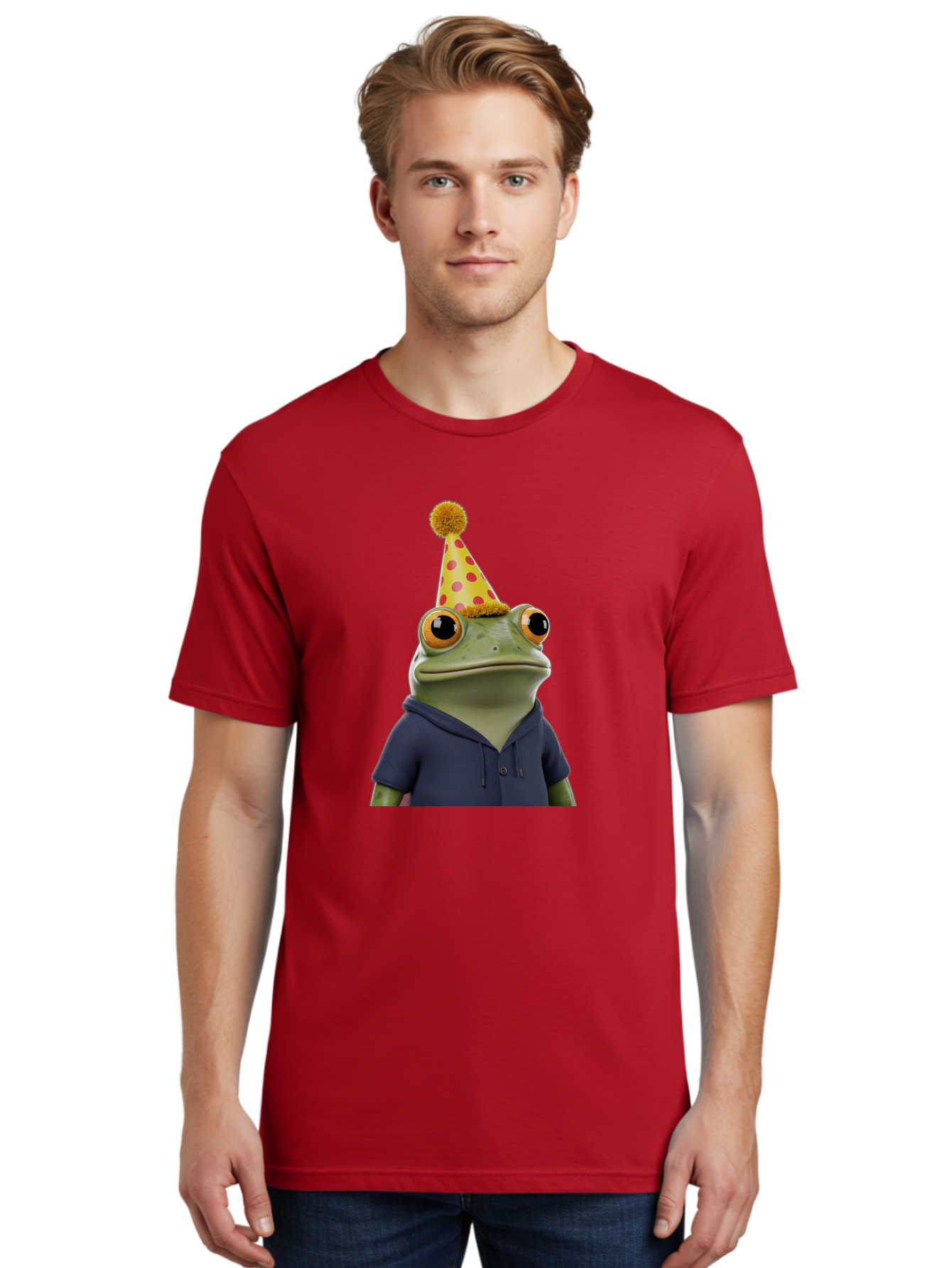 Frog-In-Party-Hat-2 Men'S Graphic Tee, 100% Cotton, Comfortable Casual Summer Wear, Machine Washable, Cartoon Frog, Party Hat, Red And Pink Polka Dots, Yellow Hat, Blue Hoodie, Casual Wear, Celebration, Festive Atmosphere, Funny Character, Bab922