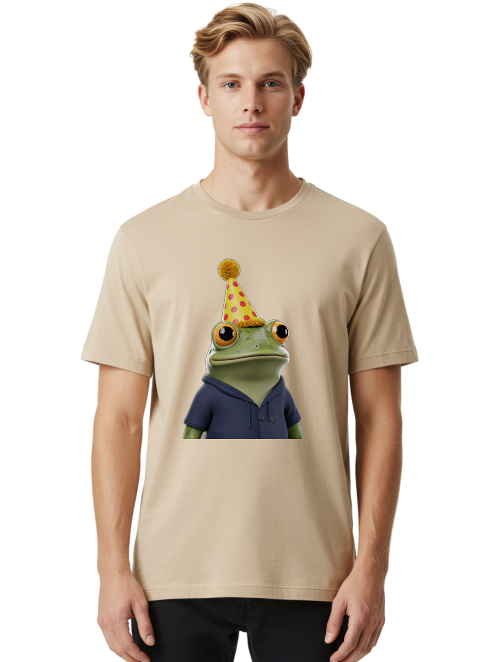 Frog-In-Party-Hat-2 Men'S Graphic Tee, 100% Cotton, Comfortable Casual Summer Wear, Machine Washable, Cartoon Frog, Party Hat, Red And Pink Polka Dots, Yellow Hat, Blue Hoodie, Casual Wear, Celebration, Festive Atmosphere, Funny Character, Bab922