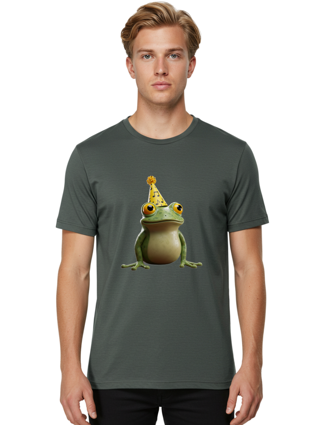 Frog-In-Party-Hat-3 Men'S Graphic Tee, 100% Cotton, Comfortable Casual Summer Wear, Machine Washable, Cartoon Frog, Party Hat, Celebration, Funny Animal, Comical Expression, Quirky Character, Playful Vibe, Silly Graphics Bab923