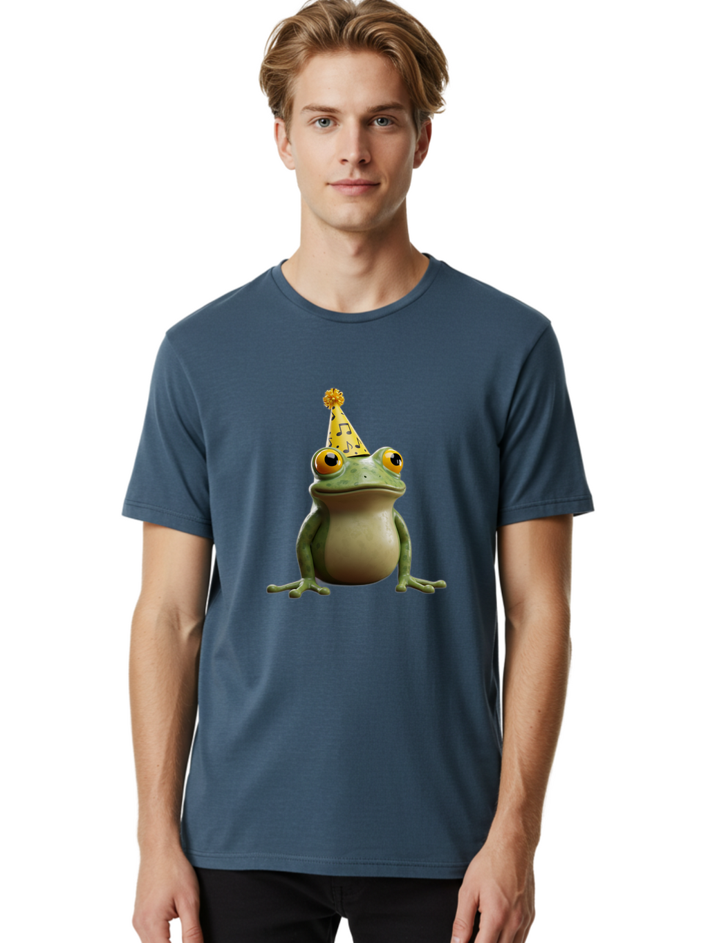 Frog-In-Party-Hat-3 Men'S Graphic Tee, 100% Cotton, Comfortable Casual Summer Wear, Machine Washable, Cartoon Frog, Party Hat, Celebration, Funny Animal, Comical Expression, Quirky Character, Playful Vibe, Silly Graphics Bab923